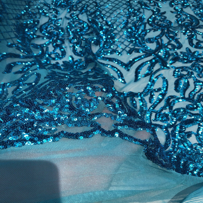 Turquoise Blue Luna Stretch Sequins Lace Fabric