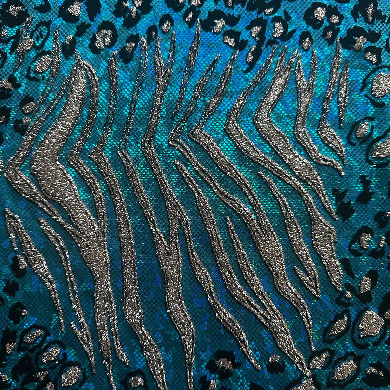 Safari Metallic Flocking Hologram Fabric in Nylon Spandex | Spandex Palace Turquoise 