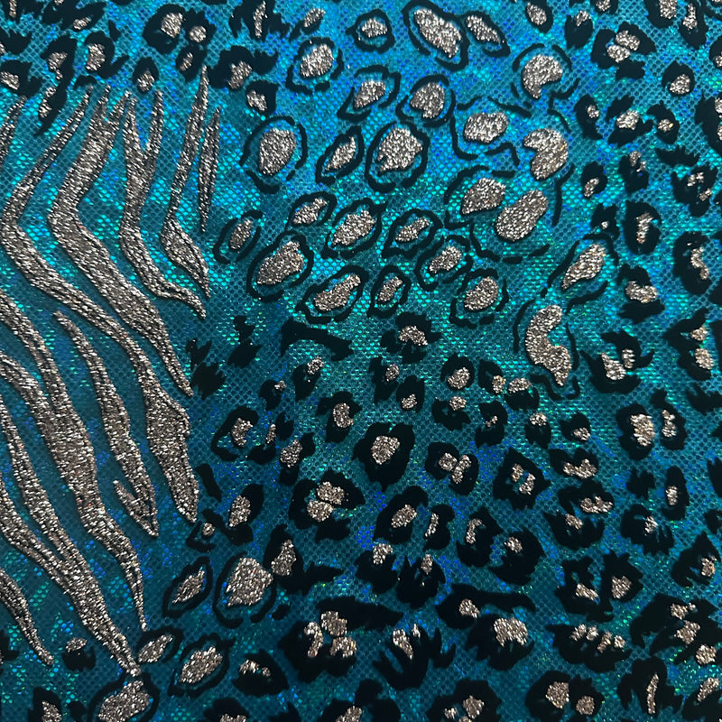 Safari Metallic Flocking Hologram Fabric in Nylon Spandex | Spandex Palace Turquoise 