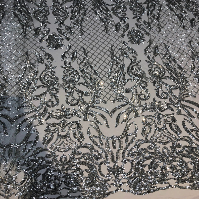 Silver Luna Stretch Sequins Lace Fabric