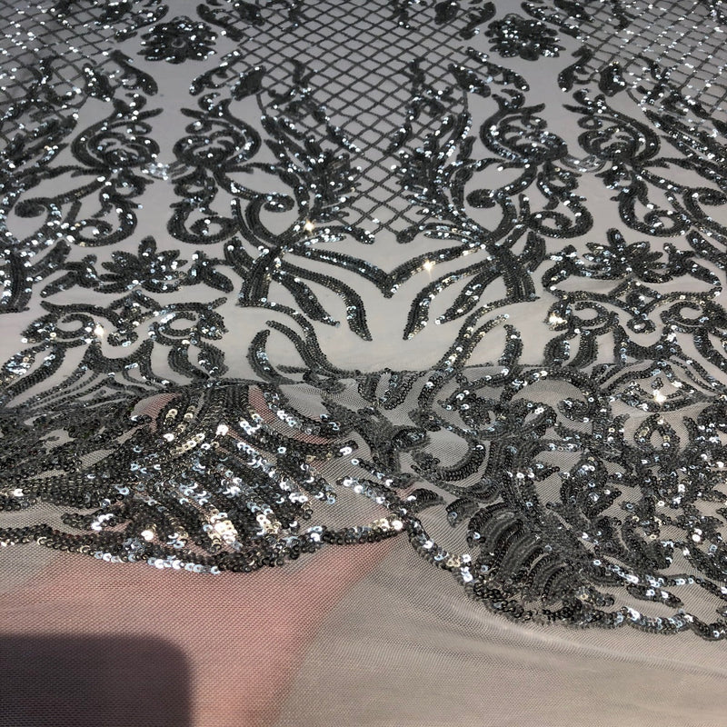 Silver Luna Stretch Sequins Lace Fabric