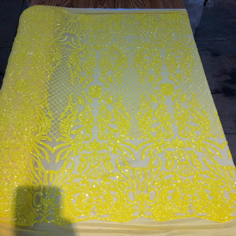 Neon Yellow Luna Stretch Sequins Lace Fabric