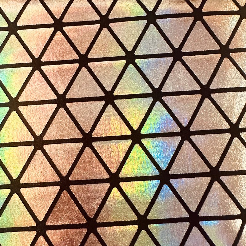 Honeycomb Triangle Stretchy Hologram Tricot Fabric | Spandex Palace Black Gold