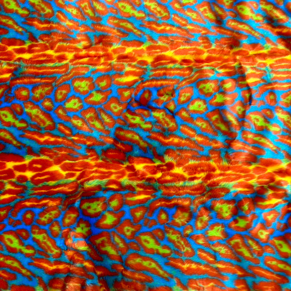 Orange | Yellow Multicolor Rainbow Leopard Print Faux Fur Fabric