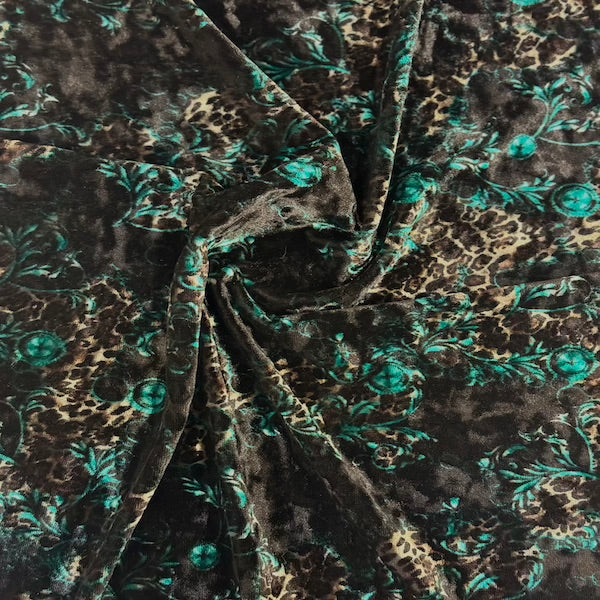 Turquoise Blue Camouflage Leopard Print Crushed Stretch Velvet Fabric