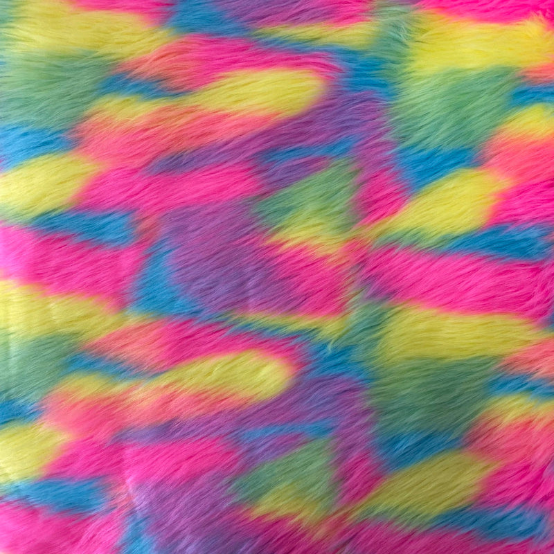 Neon Pastel Multi Color Rainbow Patchwork Faux Fur Fabric