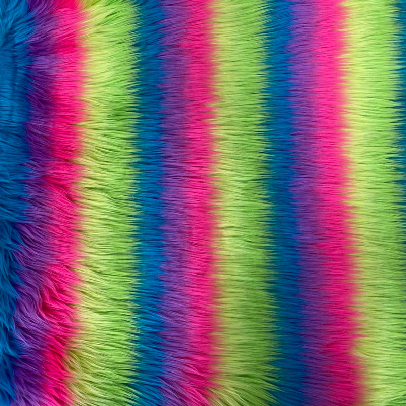 Neon Rainbow Stripe Long Pile Faux Fur Fabric