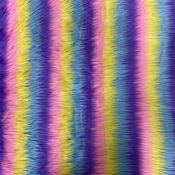 Unicorn Pastel Rainbow Stripe Long Pile Faux Fur Fabric