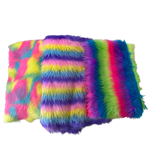 Neon Pastel Multi Color Rainbow Patchwork Faux Fur Fabric