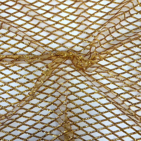 Dark Gold Diamond Pattern Sequins Stretch Mesh Fabric