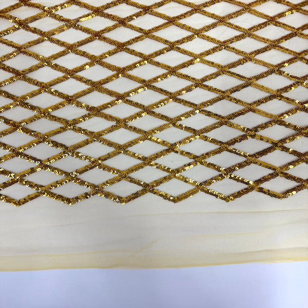 Dark Gold Diamond Pattern Sequins Stretch Mesh Fabric