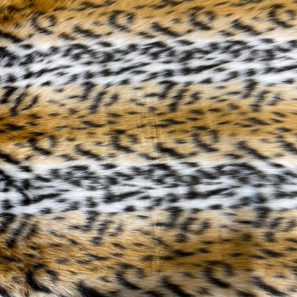 Gold White Leopard Print Long Pile Faux Fur Fabric