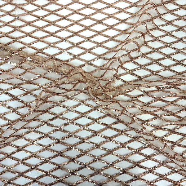 Dark Champagne Gold Diamond Pattern Sequins Stretch Mesh Fabric