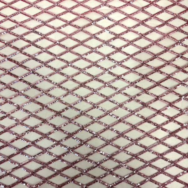 Dusty Pink Diamond Pattern Sequins Stretch Mesh Fabric