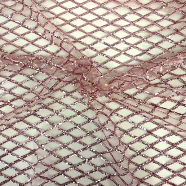 Dusty Pink Diamond Pattern Sequins Stretch Mesh Fabric