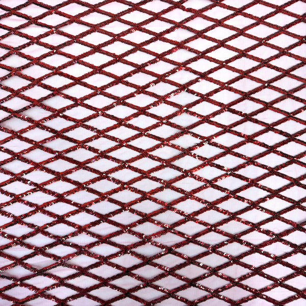 Burgundy Diamond Pattern Sequins Stretch Mesh Fabric