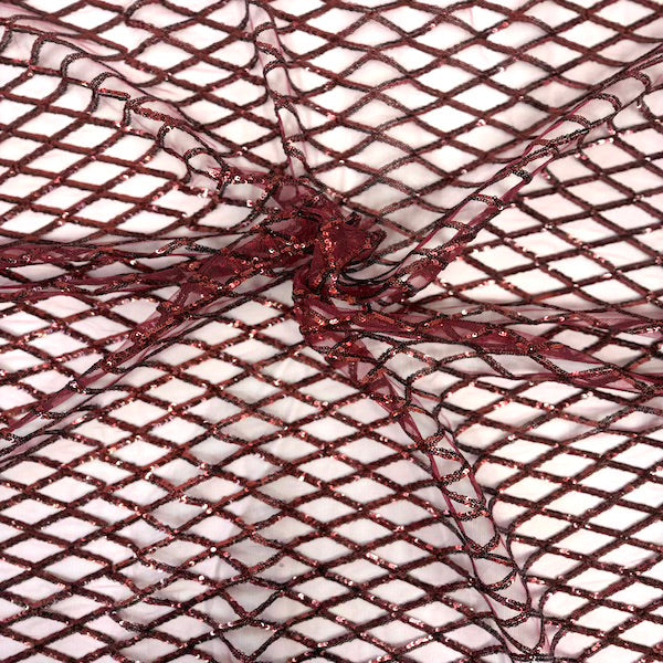 Burgundy Diamond Pattern Sequins Stretch Mesh Fabric