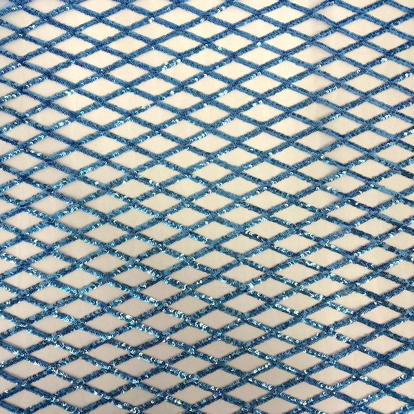 Turquoise Blue Diamond Pattern Sequins Stretch Mesh Fabric