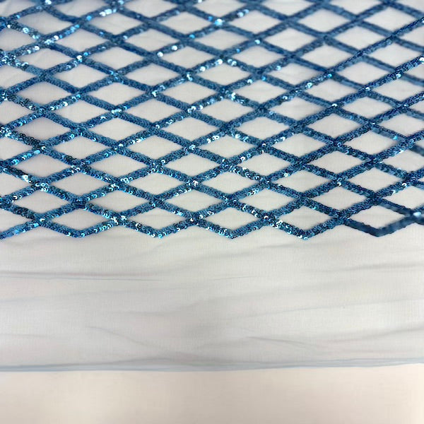 Turquoise Blue Diamond Pattern Sequins Stretch Mesh Fabric