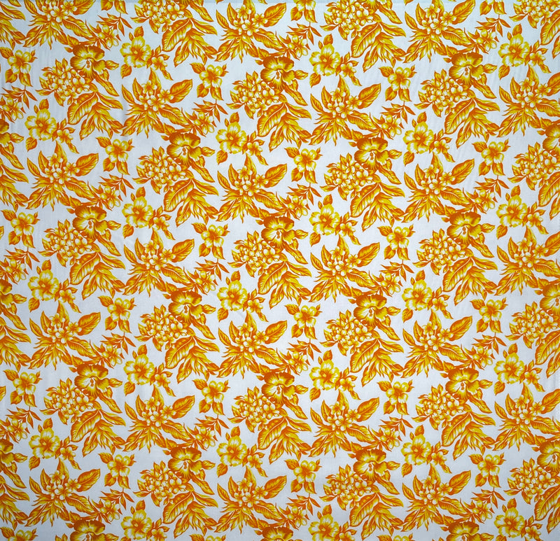 All Over Hibiscus Plumeria Tropical Leaves Fabric | Rayon Poplin