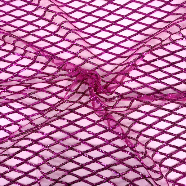 Fuchsia Diamond Pattern Sequins Stretch Mesh Fabric