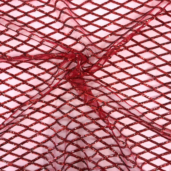 Red Diamond Pattern Sequins Stretch Mesh Fabric