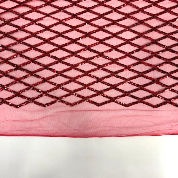 Red Diamond Pattern Sequins Stretch Mesh Fabric