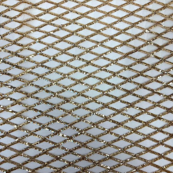 Light Champagne Gold Diamond Pattern Sequins Stretch Mesh Fabric