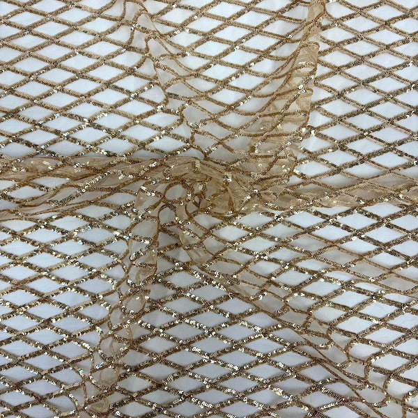 Light Champagne Gold Diamond Pattern Sequins Stretch Mesh Fabric