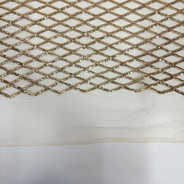 Light Champagne Gold Diamond Pattern Sequins Stretch Mesh Fabric