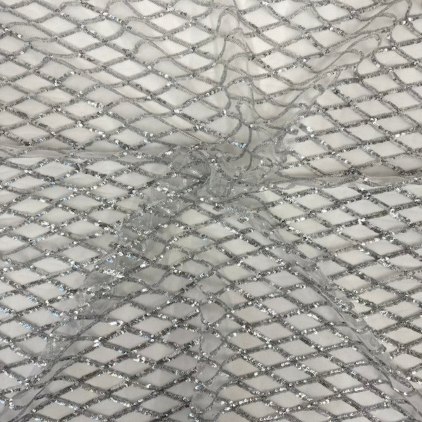 Silver Diamond Pattern Sequins Stretch Mesh Fabric