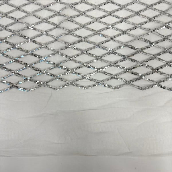 Silver Diamond Pattern Sequins Stretch Mesh Fabric