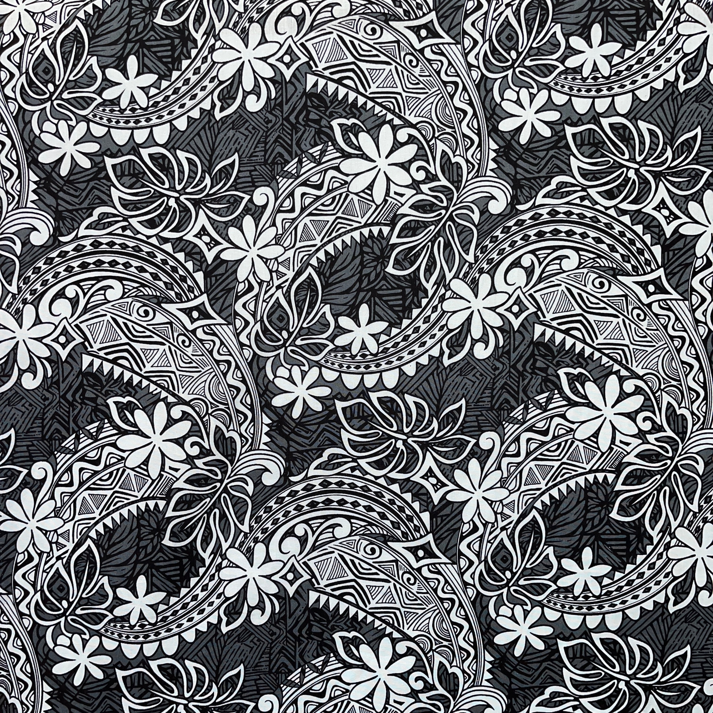 Tiare & Monstera Leaf Tribal Design Cotton Fabric | Islands Fabric