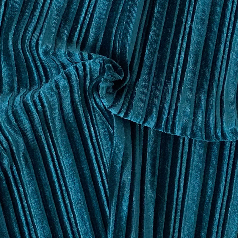 Teal Green Pleated Stretch Velvet Fabric