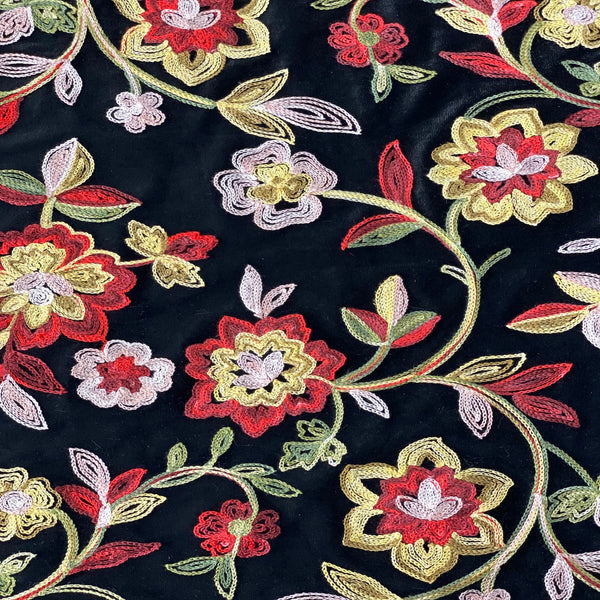 Red Multicolor Briony Floral Embroidered Stretch Velvet Fabric