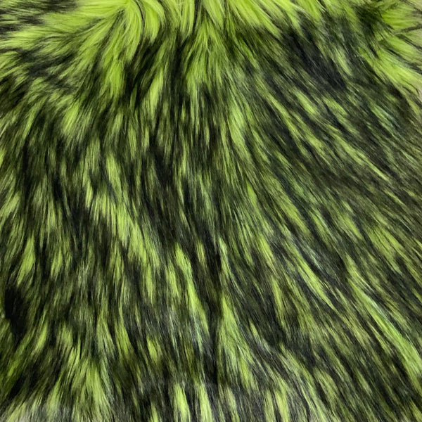 Lime Green Black Husky Print Long Pile Shaggy Faux Fur Fabric