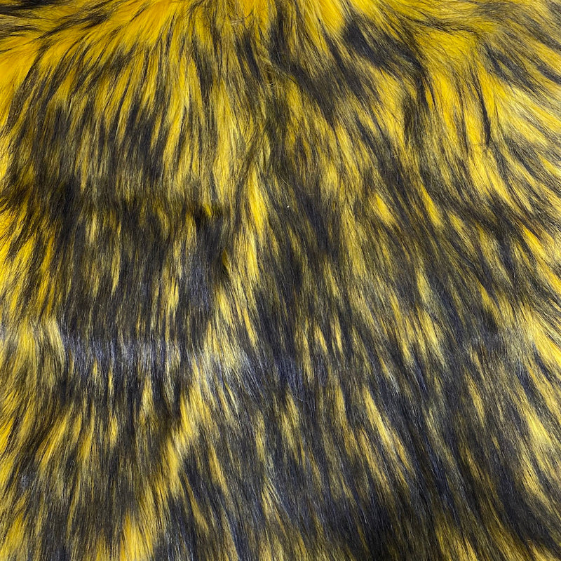 Yellow Black Husky Print Long Pile Shaggy Faux Fur Fabric