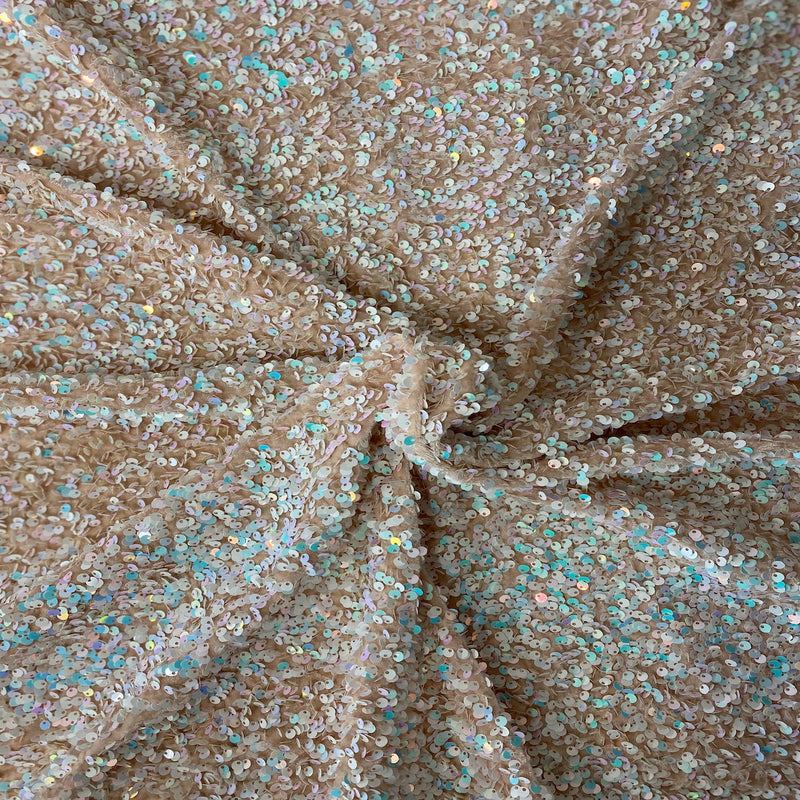 Pearl Blue | Nude Sequins Embroidered Stretch Velvet Rodeo Fabric