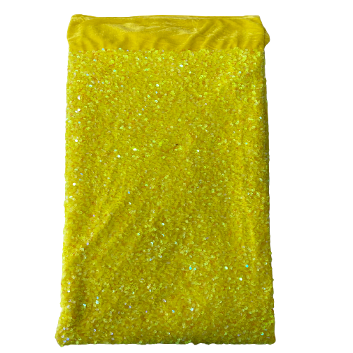 Yellow Iridescent Sequins Embroidered Stretch Velvet Rodeo Fabric