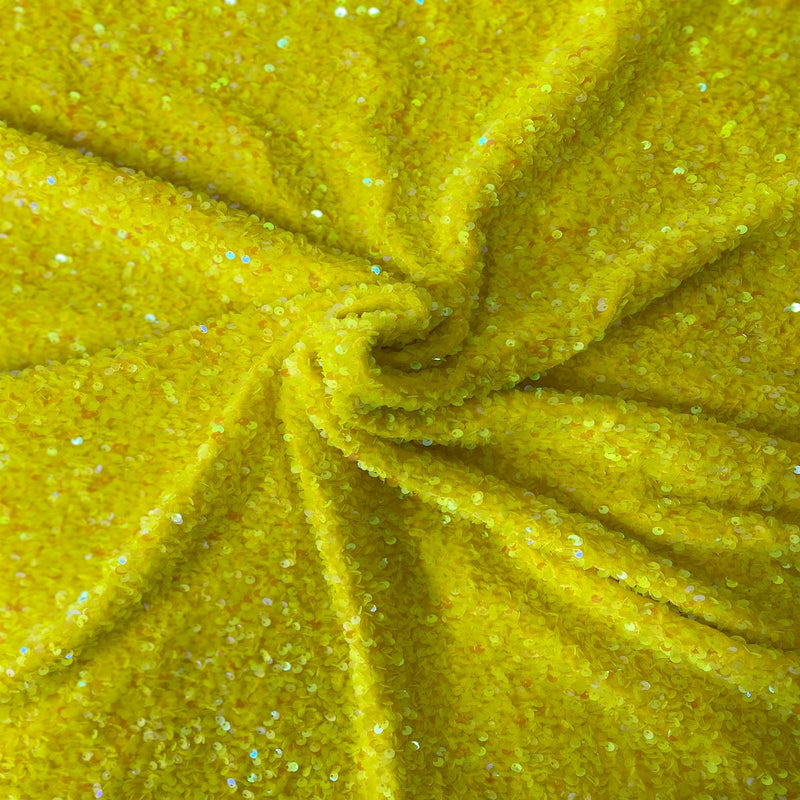 Yellow Iridescent Sequins Embroidered Stretch Velvet Rodeo Fabric