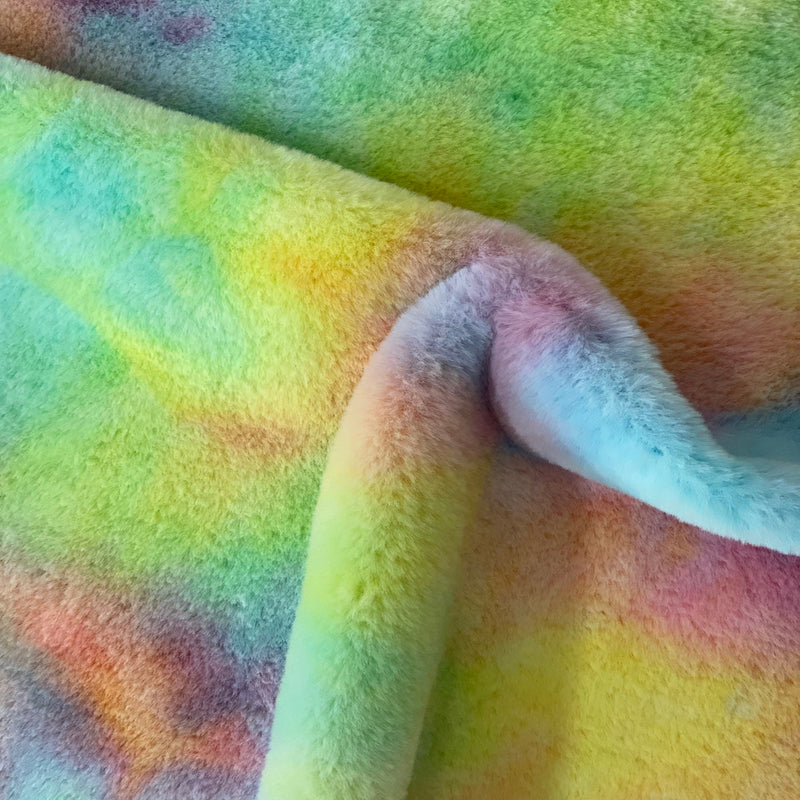 Rainbow Tie Dye Rabbit Soft Plush Short Pile Faux Fur Fabric