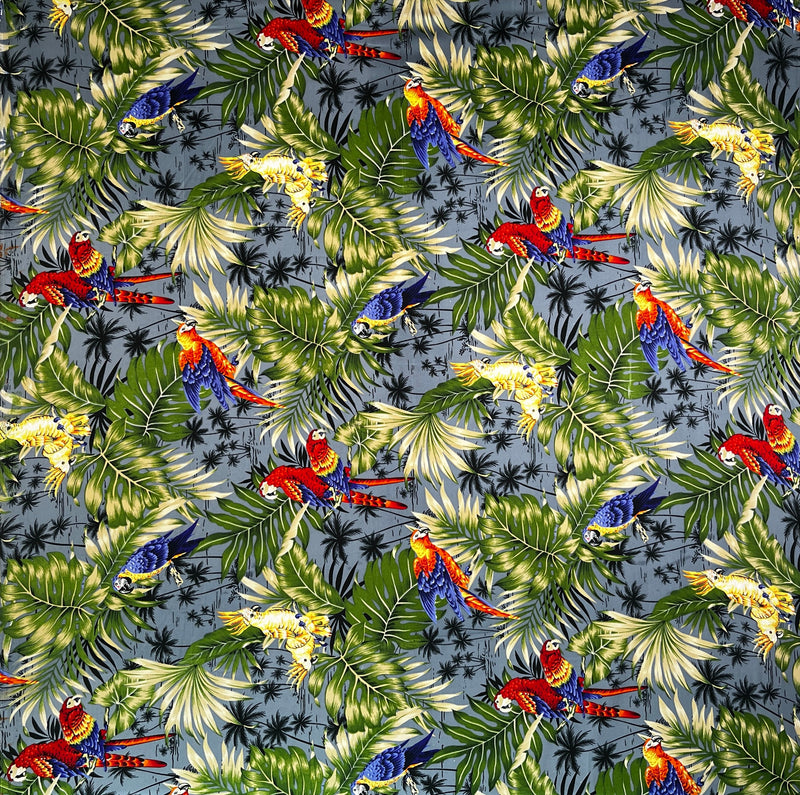 Parrots Split Monstera Palm Leaves Fabric | Peachskin  | Spandex Palace