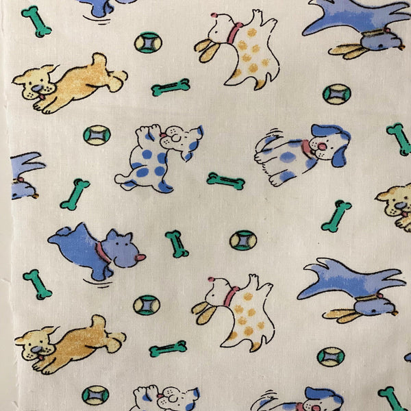 White | Blue Puppy Bone Print Poly Cotton Fabric