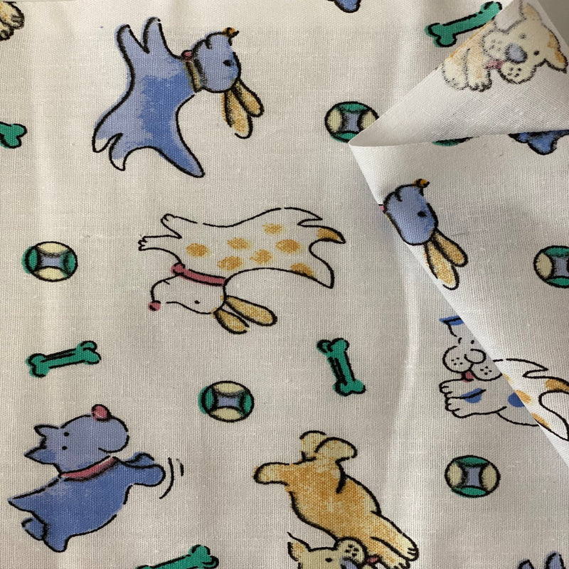 White | Blue Puppy Bone Print Poly Cotton Fabric