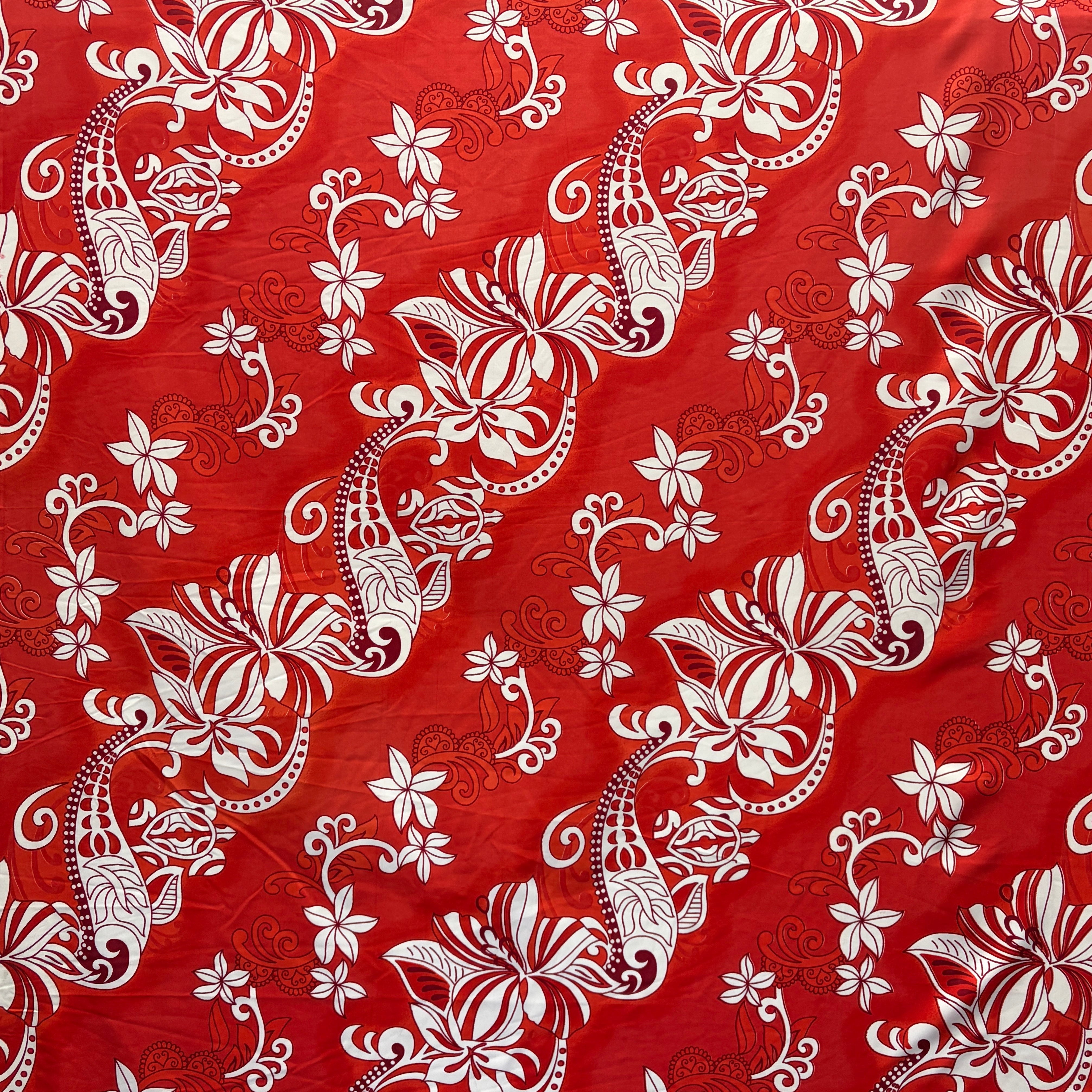 Diagonal Hibiscus Plumeria Sea Turtle Swirl Design Peachskin Fabric | Islands Fabric