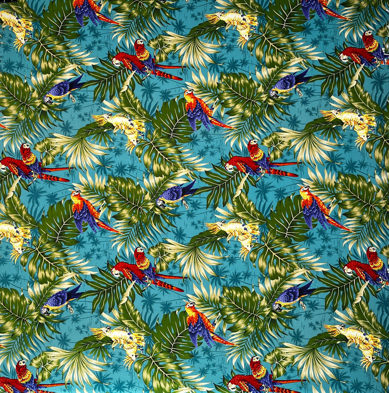 Parrots Split Monstera Palm Leaves Fabric | Peachskin  | Spandex Palace