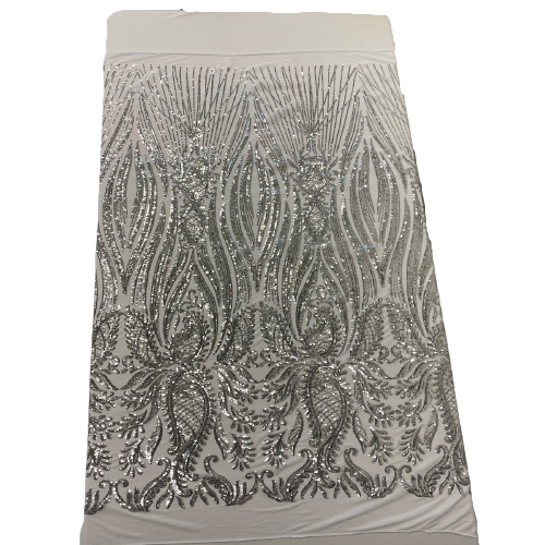 Silver | White Nebill Stretch Sequins Lace Fabric