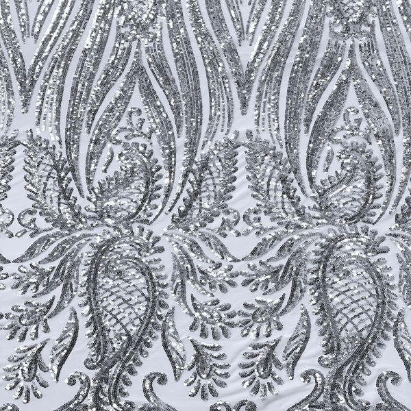 Silver | White Nebill Stretch Sequins Lace Fabric