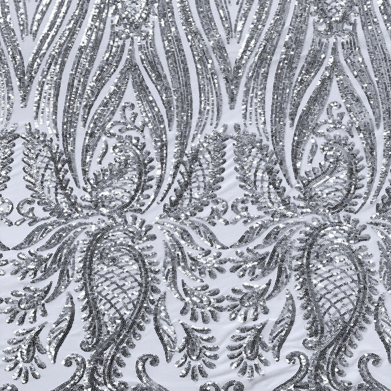 Silver | White Nebill Stretch Sequins Lace Fabric