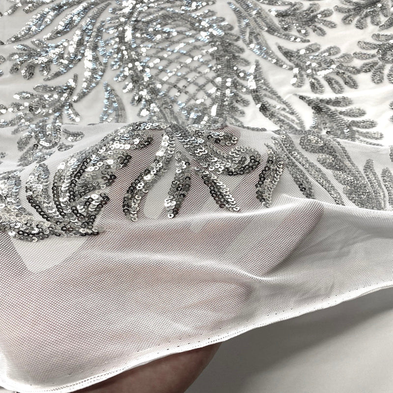 Silver | White Nebill Stretch Sequins Lace Fabric